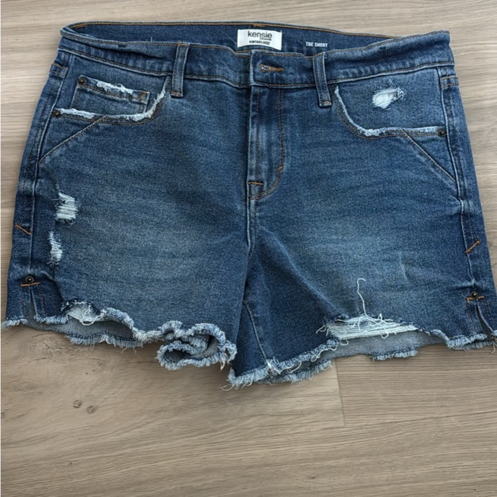 Kensie Blue Distressed Jean Shorts with Frayed Hem